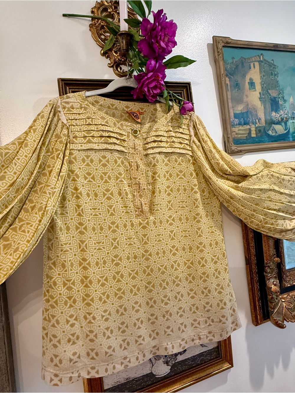 Tory Burch Yellow Geometric Pleated Yoke Blouse - Picture 3 of 7